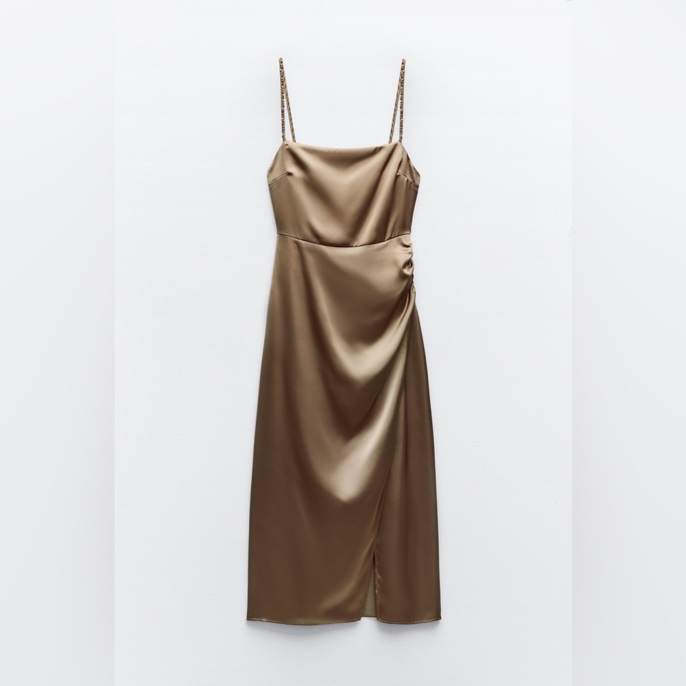 ๐(NWT) ZARA Bloggers Fav Beaded Strap Satin Midi Dress. Size LARGE - Picture 13 of 14